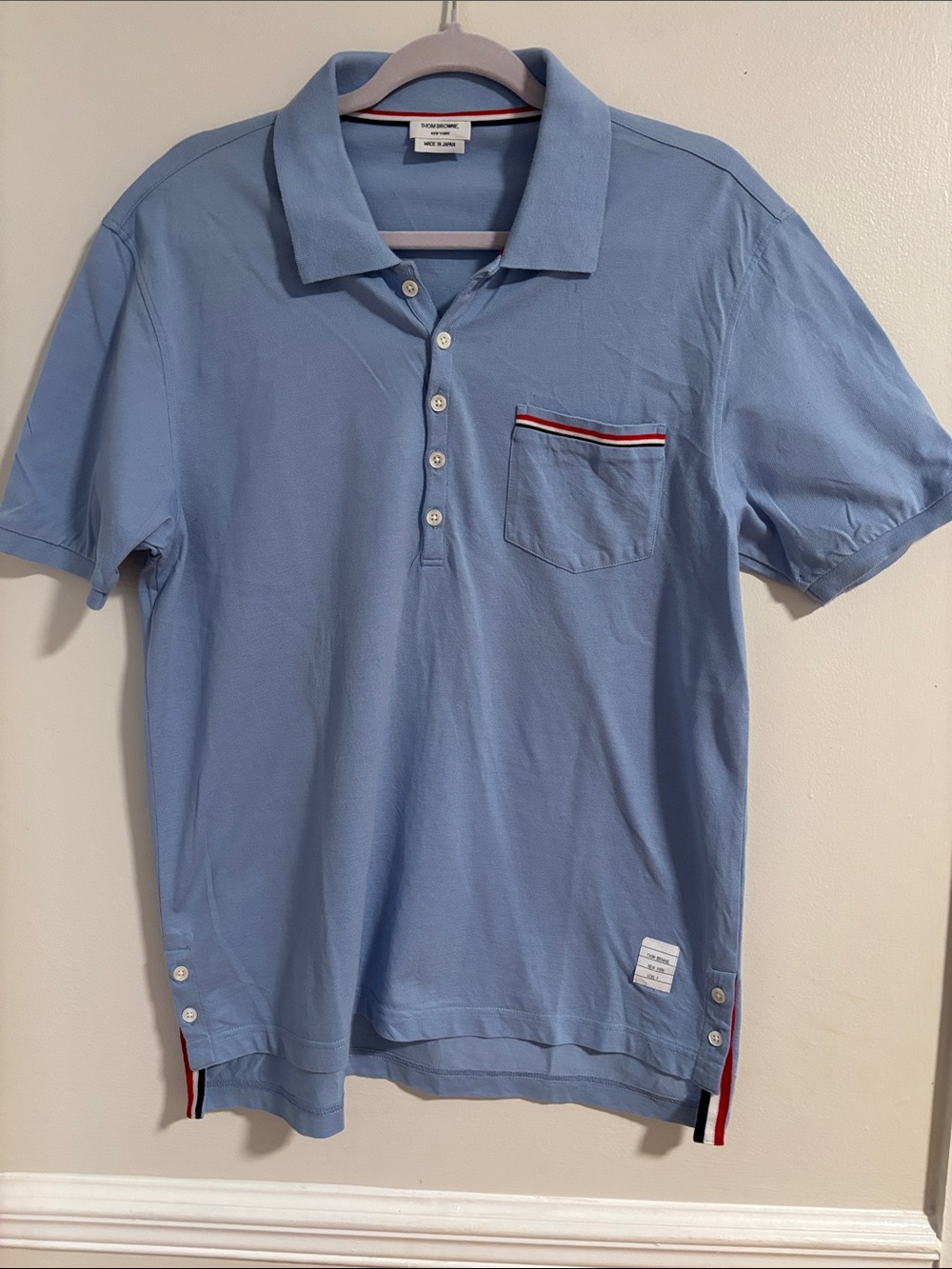 Thom Browne Light Blue Pique Pocket  Polo with Signature Trim 4/XL